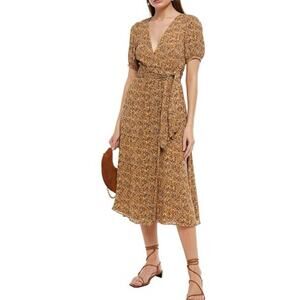 ba&sh Women's Brown Noemie Crossover V-Neck Short Sleeve Tie Wrap Dress 2 2092